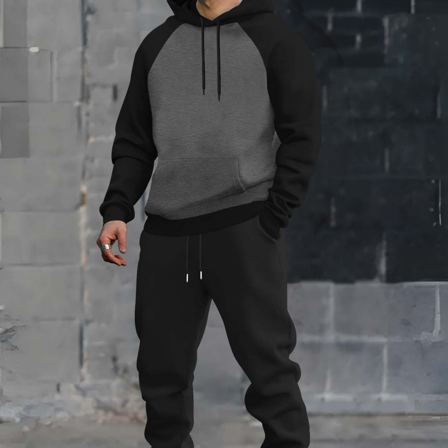 Herr Hoodieset med Kontrastfärgade Raglanärmar och Svarta Mjukisbyxor