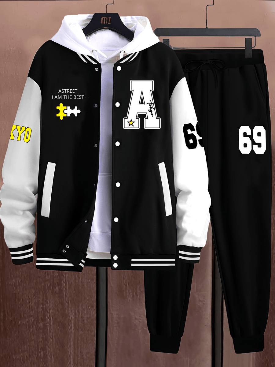 Unisex Baseballjacka & Byxor Set med Tryck Svart Vit