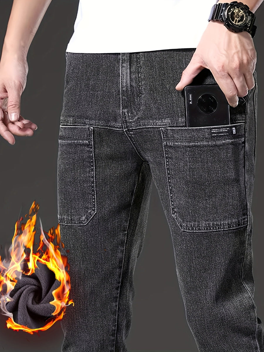 Herrjeans med fleecefoder svarta med raka ben och cargofickor