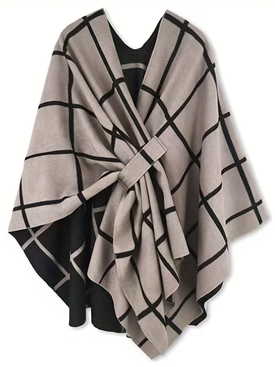 Damponcho Rutigt Mönster Beige Svart Med Sjalkrage