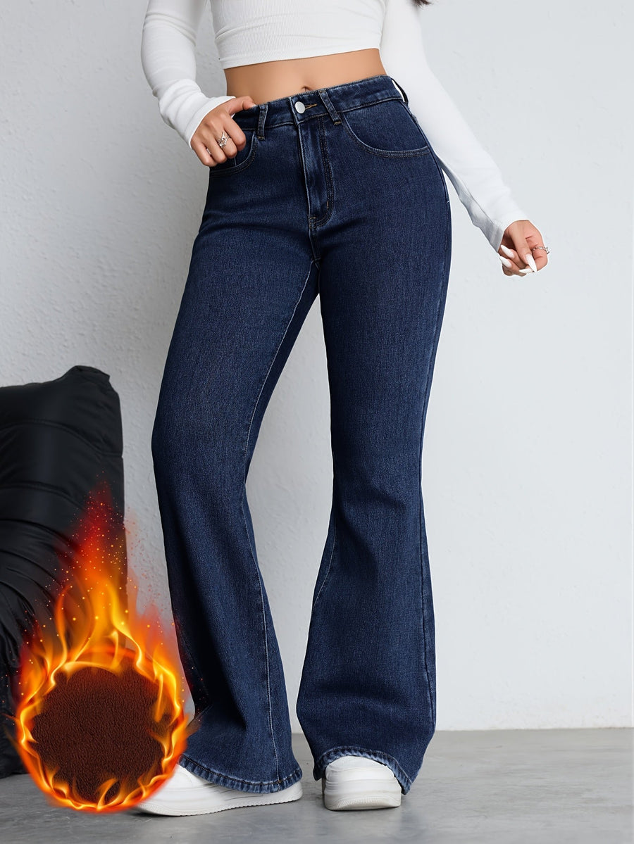 Mörkblå utsvängda damjeans med hög midja