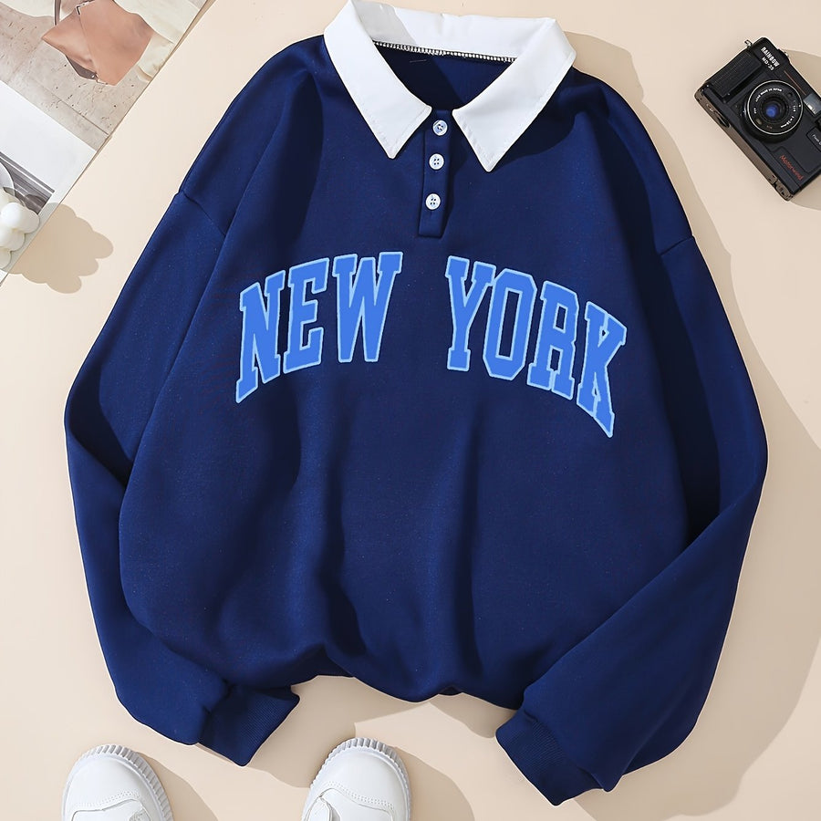 Marinblå college sweatshirt med krage och New York-text