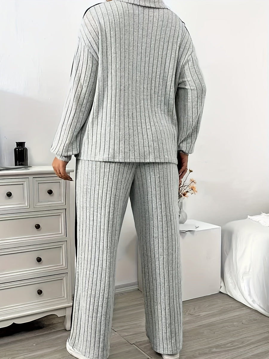 Ribbad fritidsset för dam med dragkedja, långärmad tröja och raka byxor, svarta sidoband