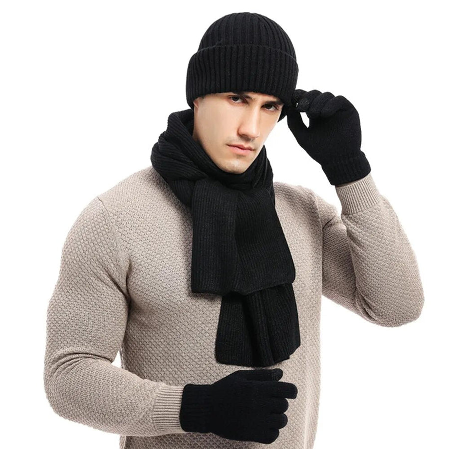 Varmt vinterset med mössa, halsduk och handskar i ribbstickat material för unisex