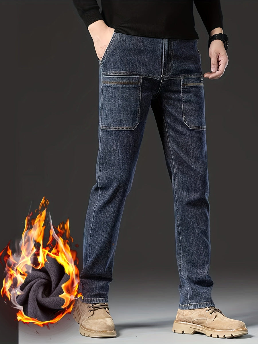Herrjeans med fleecefoder svarta med raka ben och cargofickor