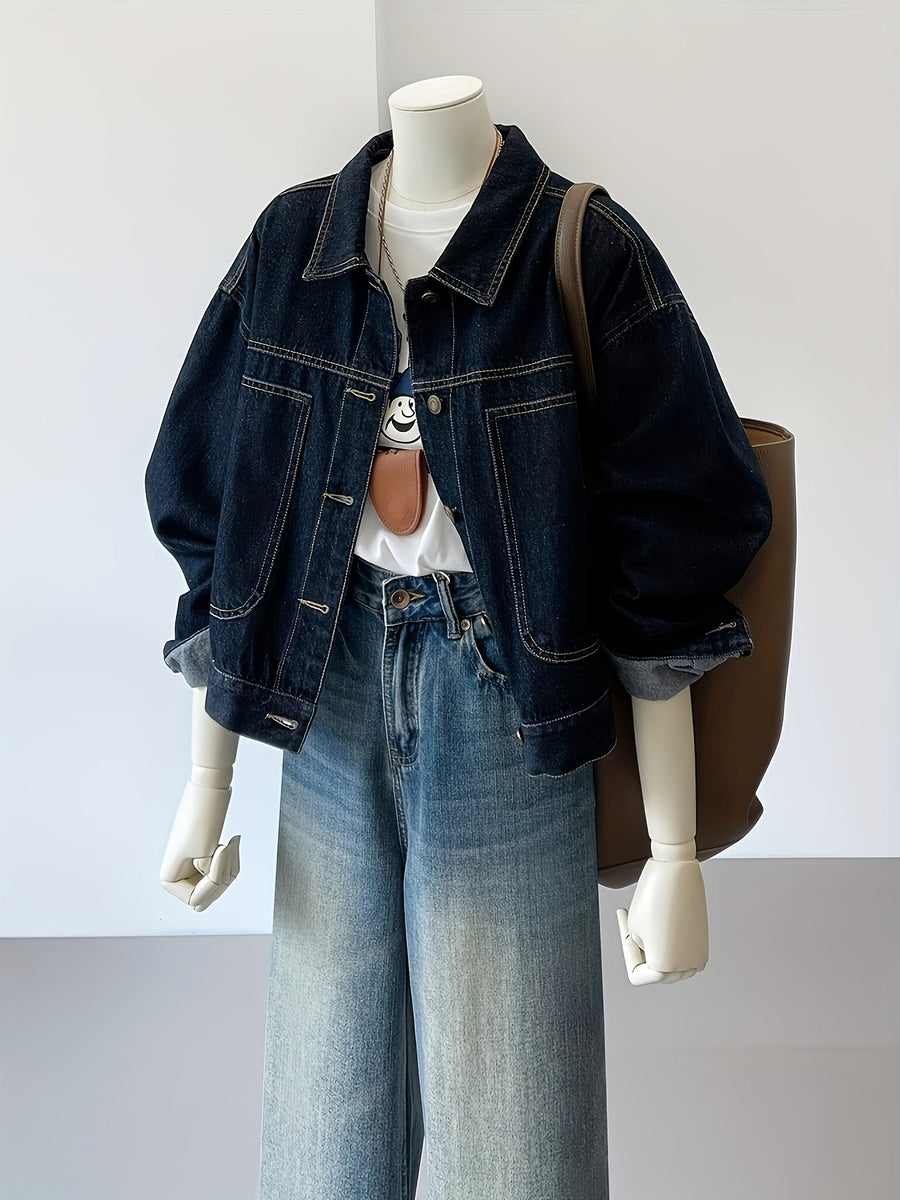 Dam denimjacka, mörkblå med klassisk krage och fickor