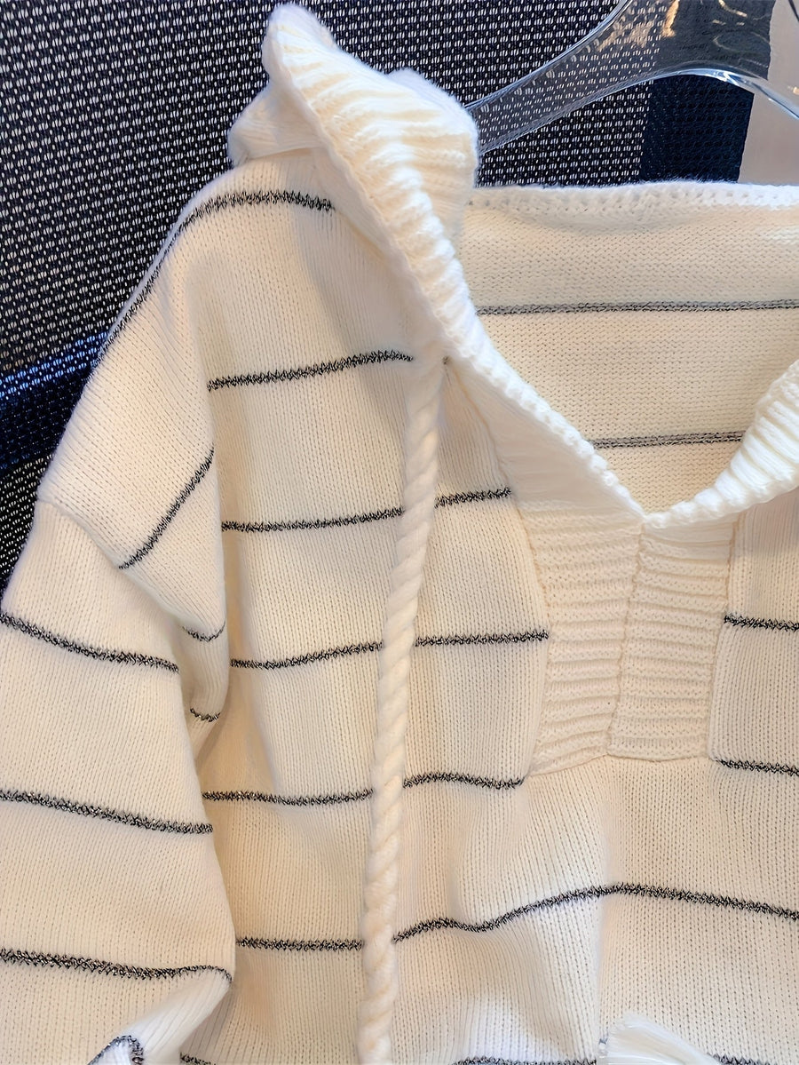 Vit Randig Stickad Hoodie Tröja med Huva och Dragsko
