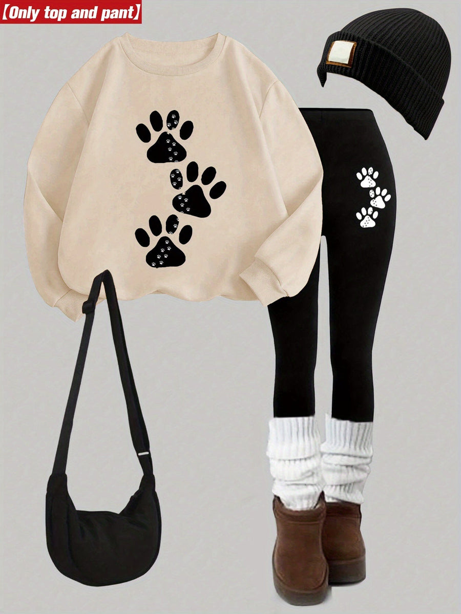 Set med sweatshirt och leggings med tassavtryck