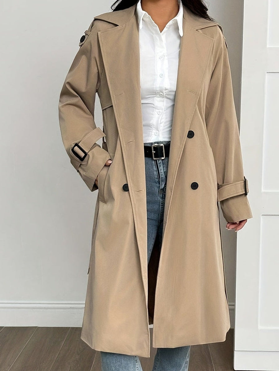 Khakifärgad Varm Trenchcoat med Dubbelknäppning och Fuskpälsfoder för Dam
