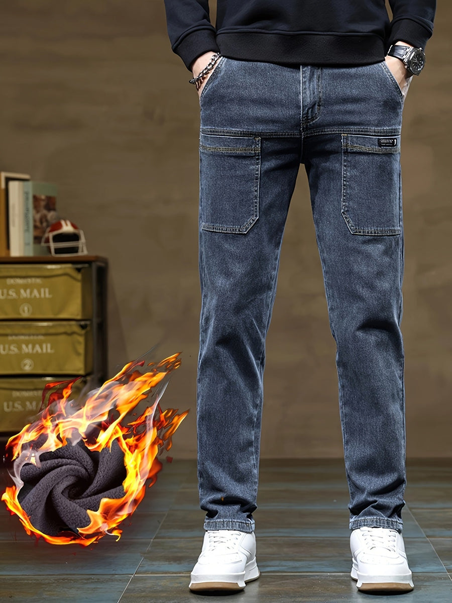 Herrjeans med fleecefoder svarta med raka ben och cargofickor