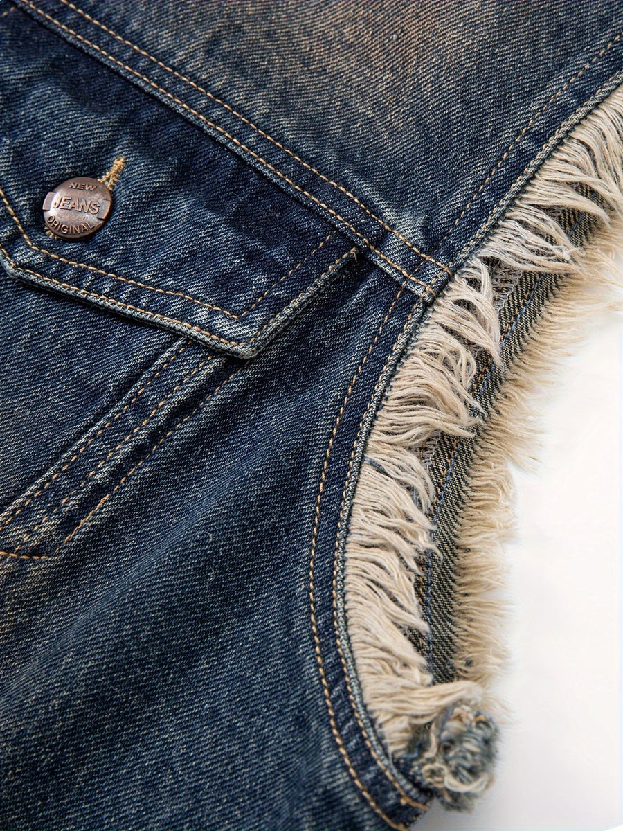 Jeansväst unisex med slitna kanter, fickor och knappar, blå denim