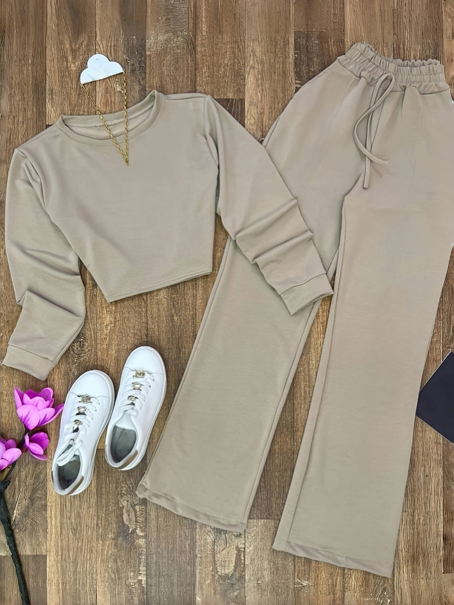 Dam set med crop top och vida byxor, beige, mjukt material