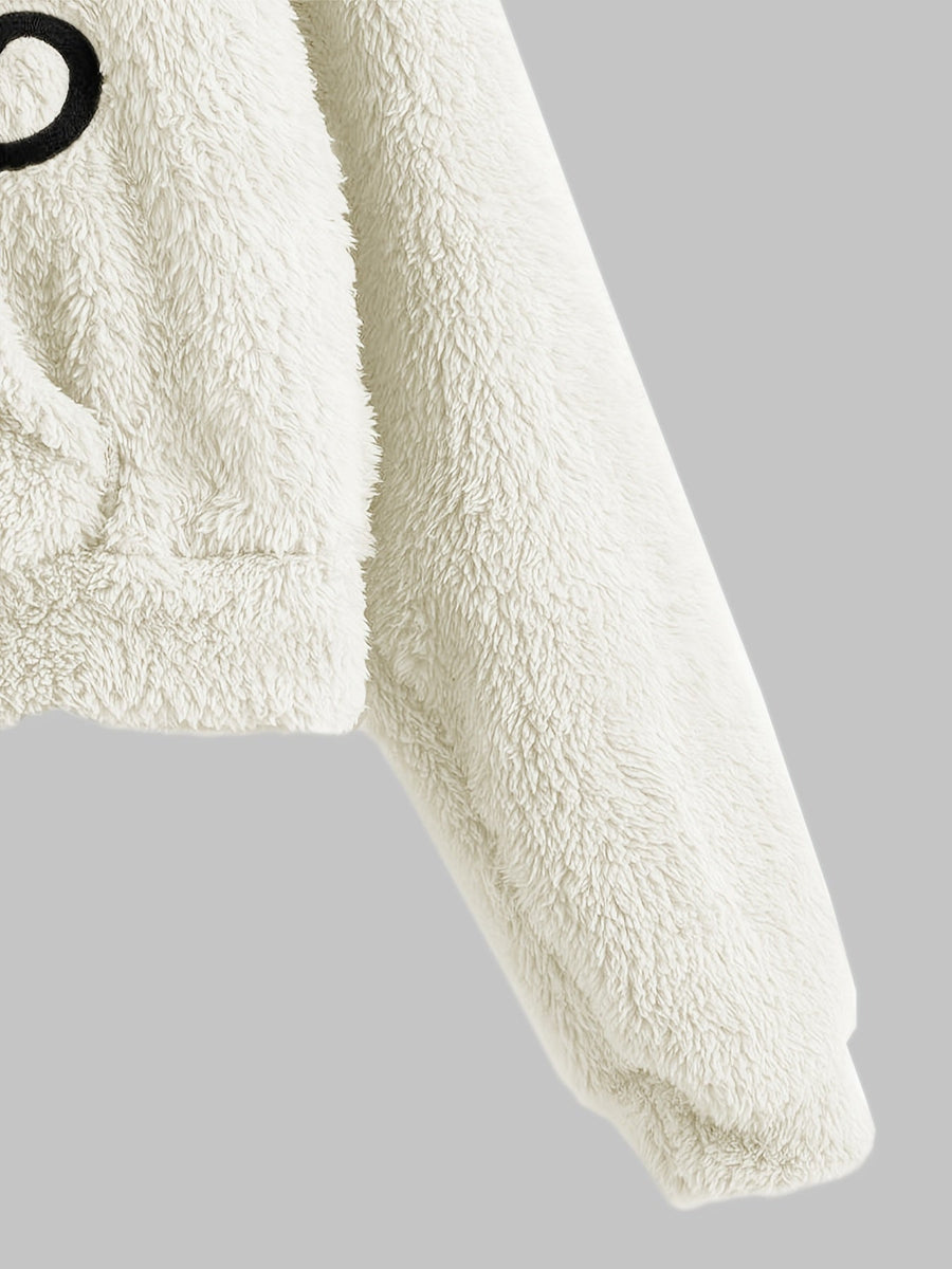 Grå fluffig hoodie med kattöron och kattapplikation, mjuk mysig tröja med huva