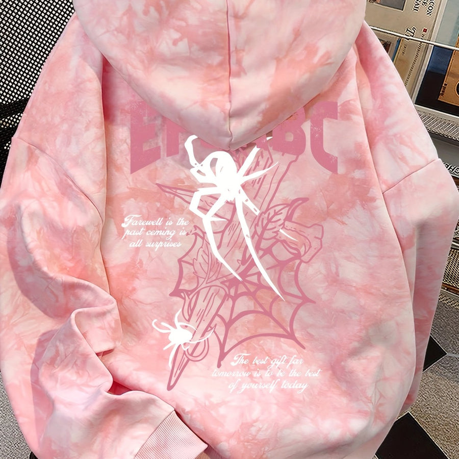 Rosa tie-dye hoodie med spindelmotiv och luva