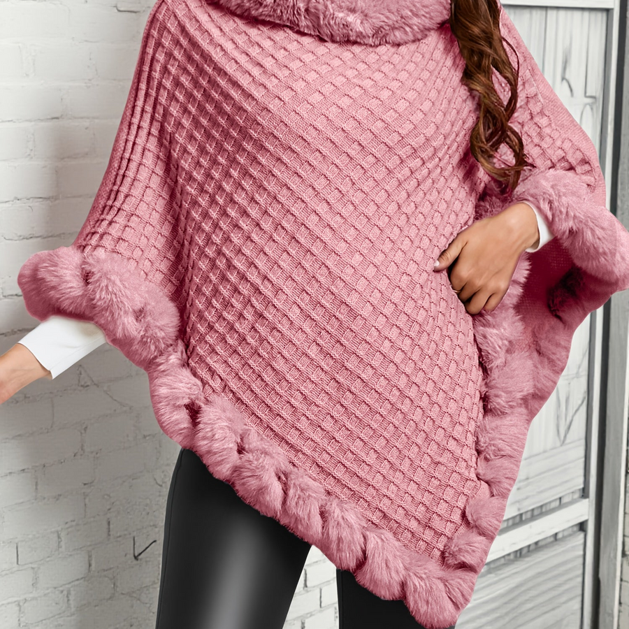 Damponcho med fuskpälsdetaljer och stickat mönster i one-size, tillgänglig i flera färger