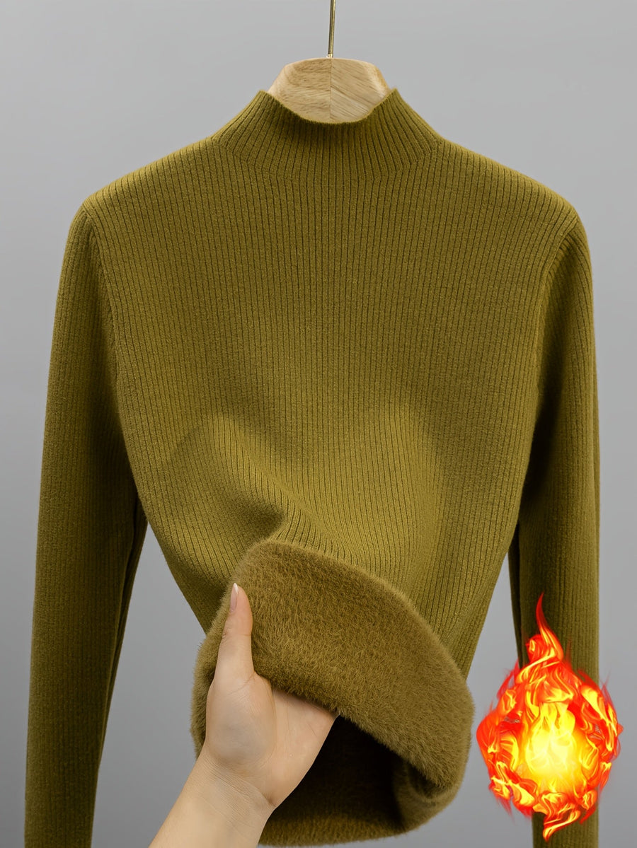 Dam ribbstickad tröja med hög krage och mjukt foder