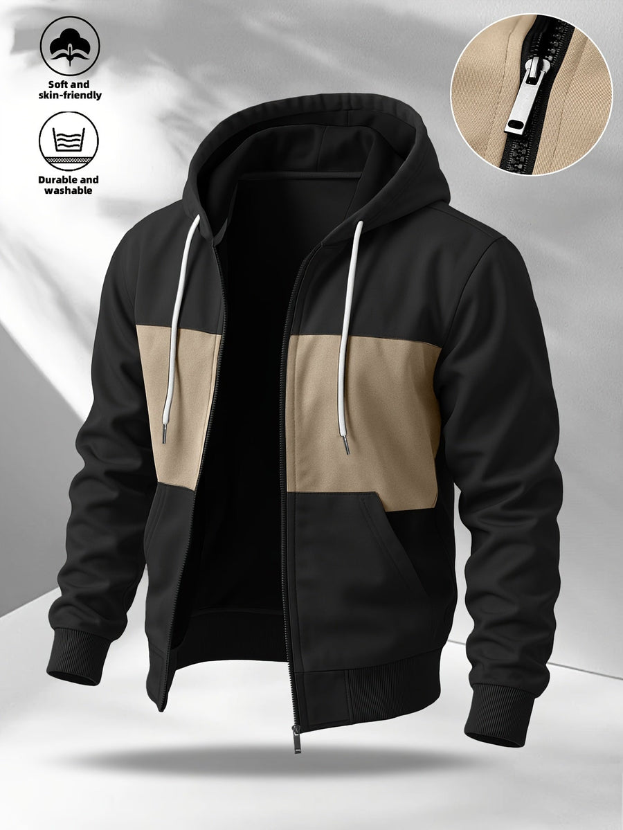 Hoodie med dragkedja, tvåfärgad blockdesign och luva