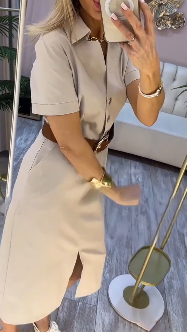 Beige Klänning Midi Kortärmad V-ringning Knappar Slits