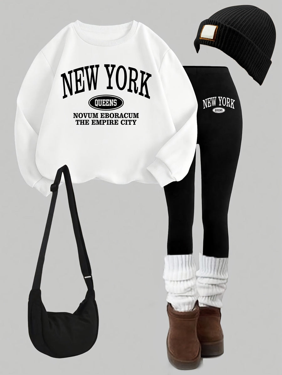 Dam Tröja & Leggings Set med New York-tryck, Rundhals, Långa Ärmar
