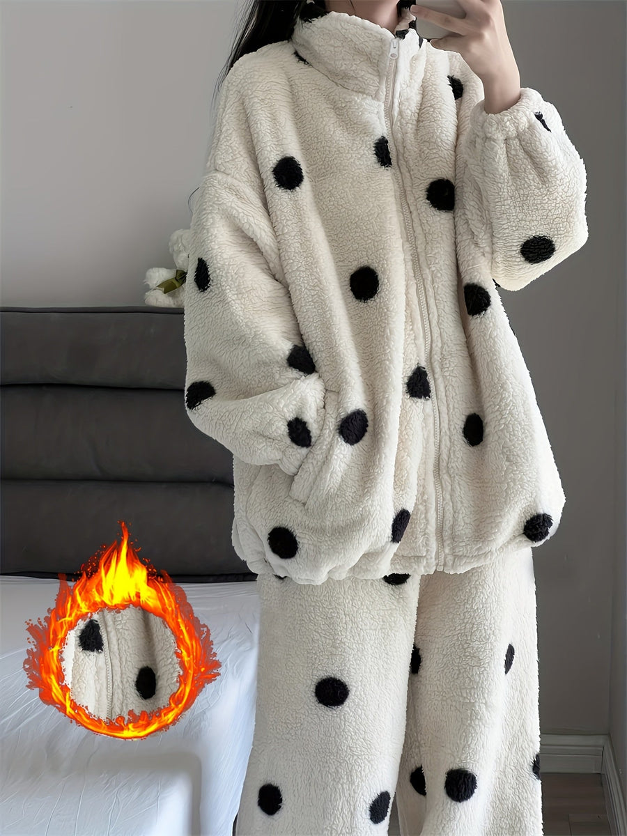 Dam Pyjamas Set i Fluffigt Material med Svarta Prickar och Dragkedja