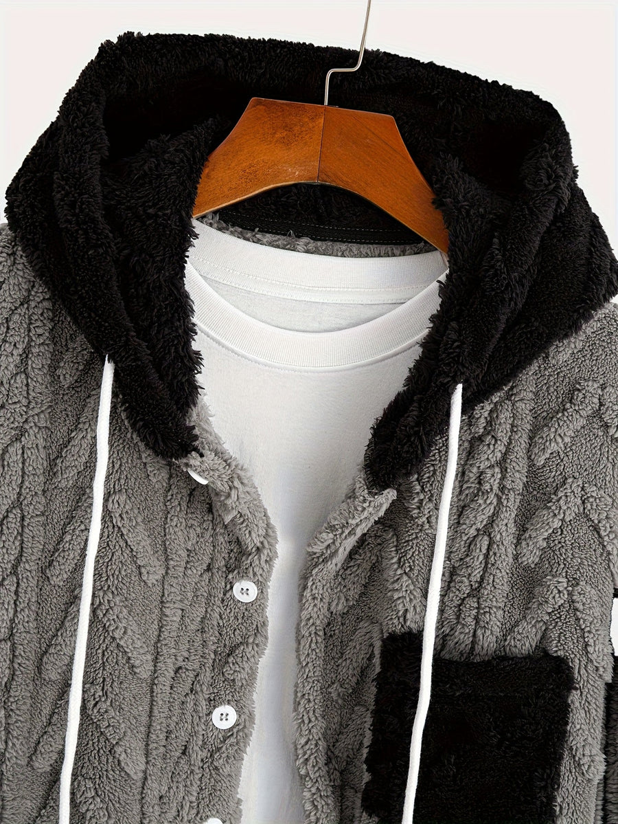 Hoodie i teddyfleece med knappar och ficka, fiskbensmönstrad