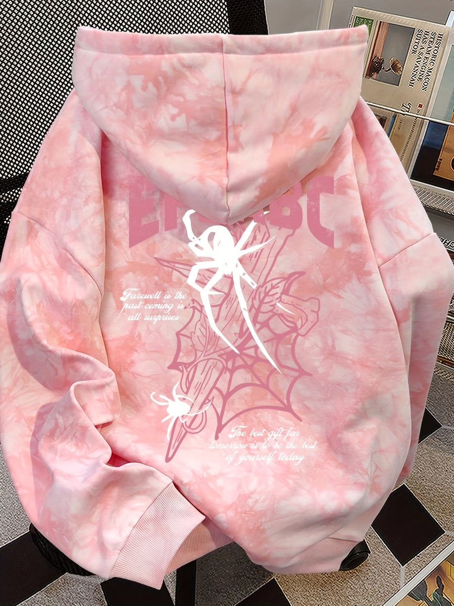 Rosa tie-dye hoodie med spindelmotiv och luva