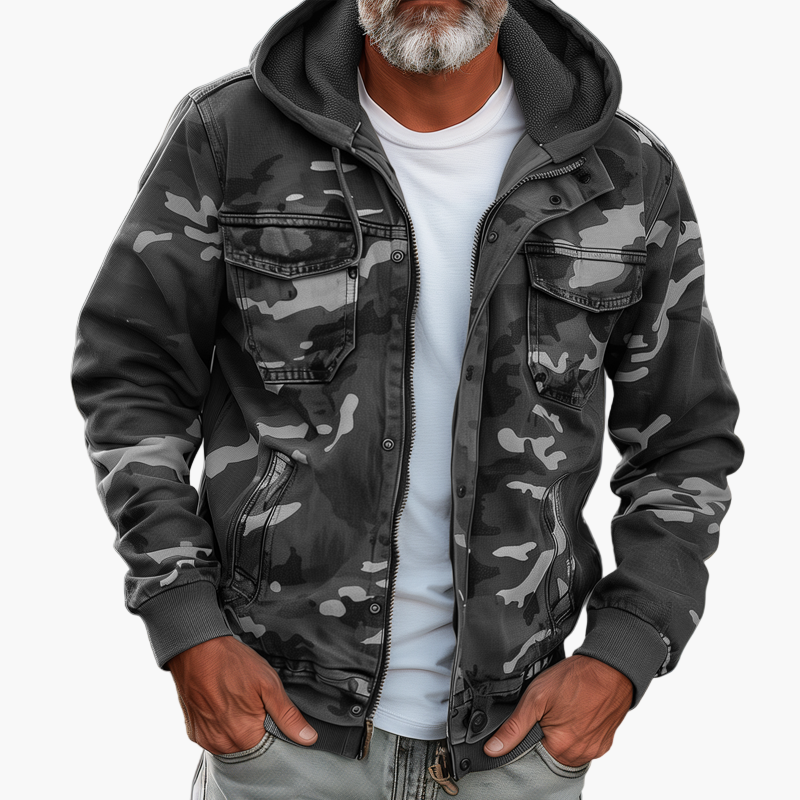 Herrjacka med huva – Cargo Camouflagejacka för utomhusbruk och streetwear