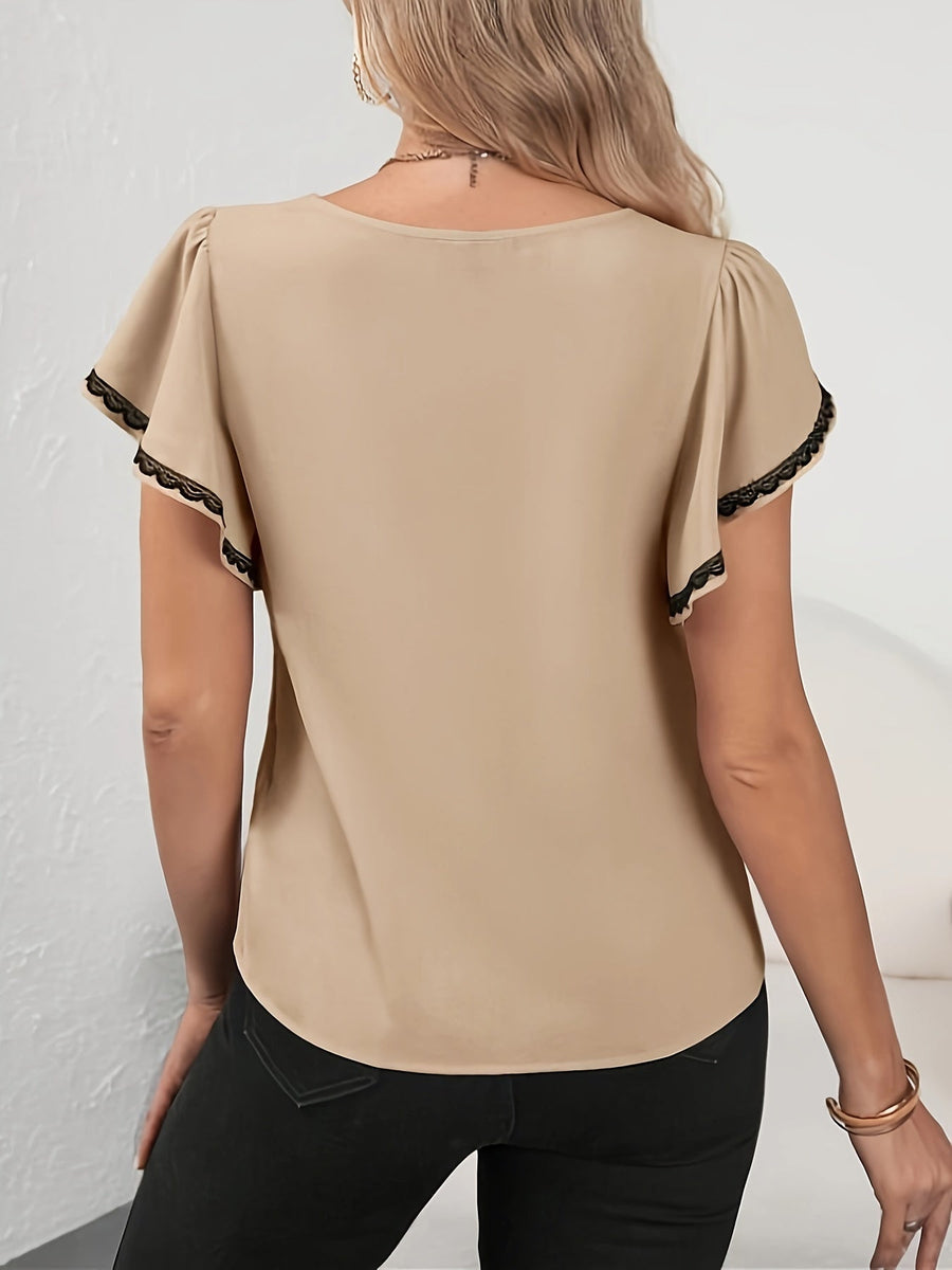 Dam Blus Elegant V-ringad med Volangärm och Spetsdetalj för Kontor och Fest
