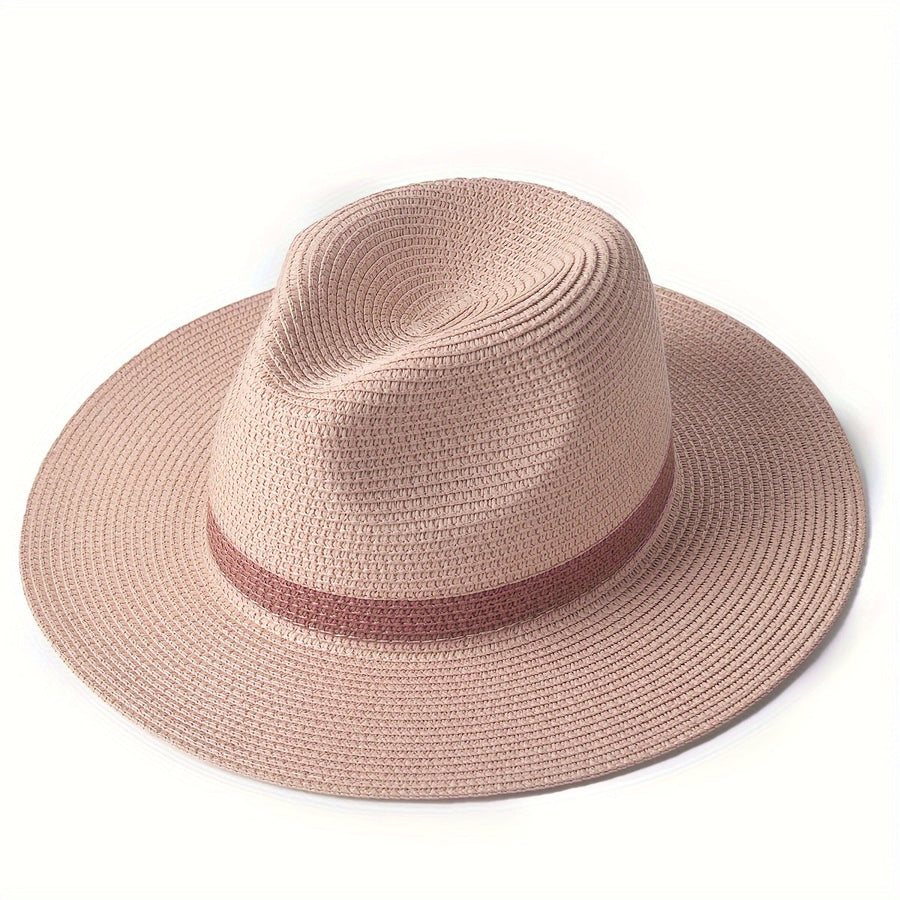 Fedora-hatt i halmimitation med band, khakifärgad