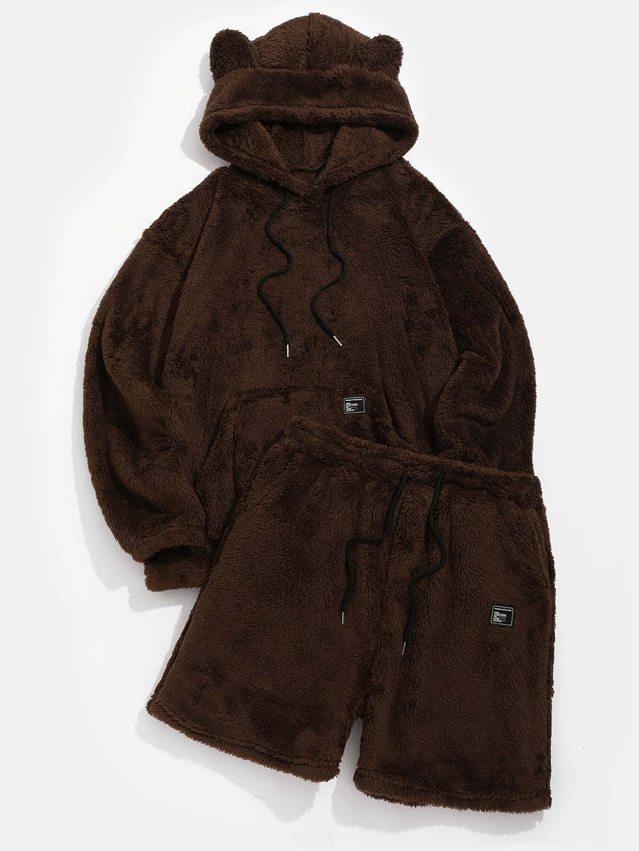 Brun plyschhoodie med öron och shorts, matchande set