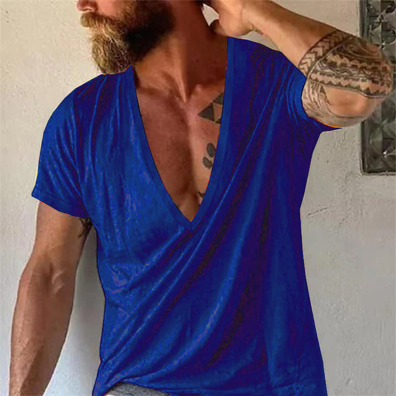 Herr T-shirt med djup V-ringning, avslappnad stil, kort ärm – Perfekt för vardag och sommar
