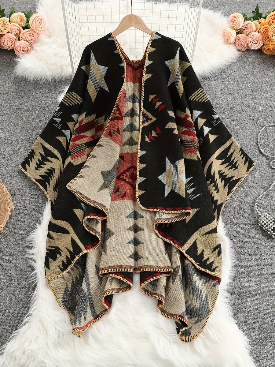 Women���s Geometric Open-Front Poncho Cape