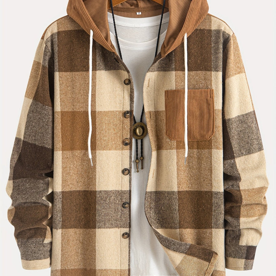 Rutig Overshirt med Huva för Herr, Brun Corduroy Huva och Bröstficka, Knappstängning