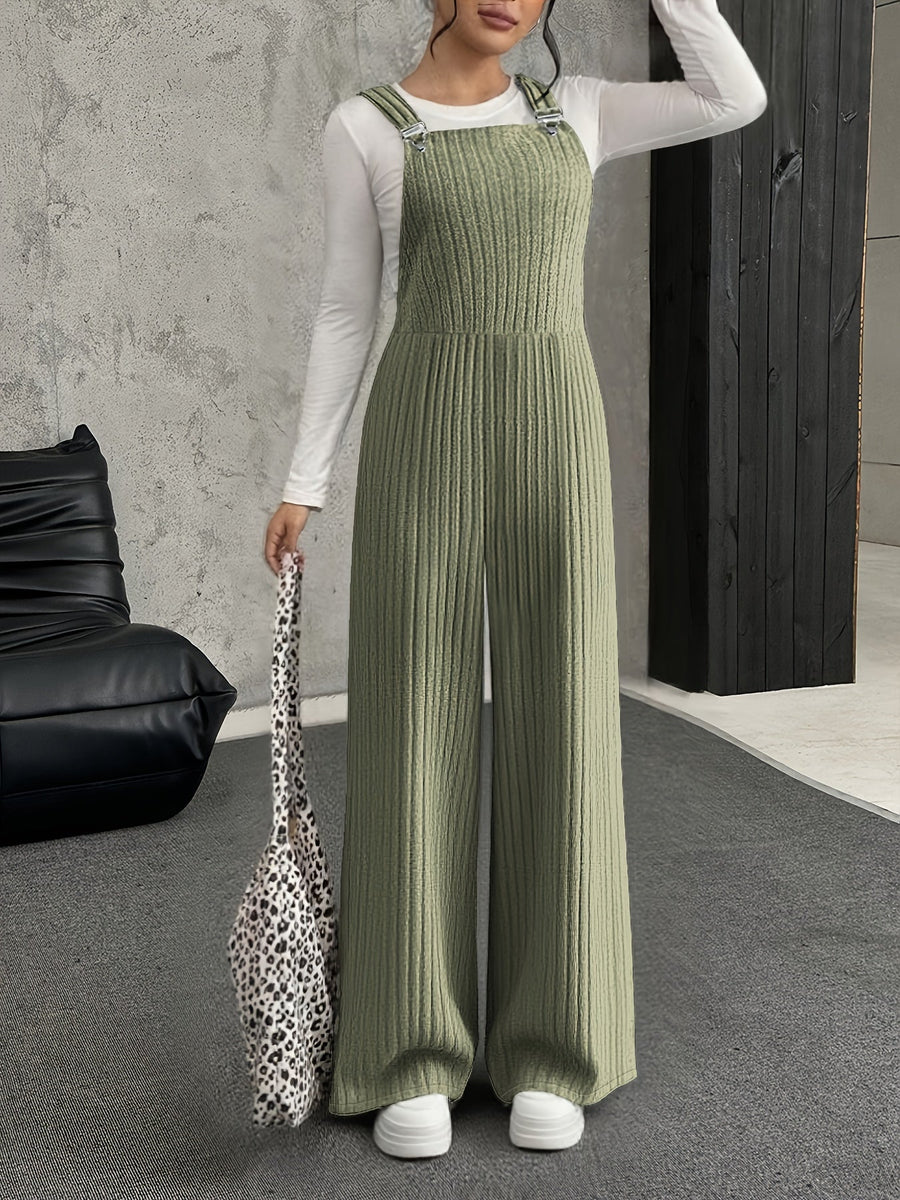 Grå Ribbad Jumpsuit med Vida Ben och Hängslen för Dam