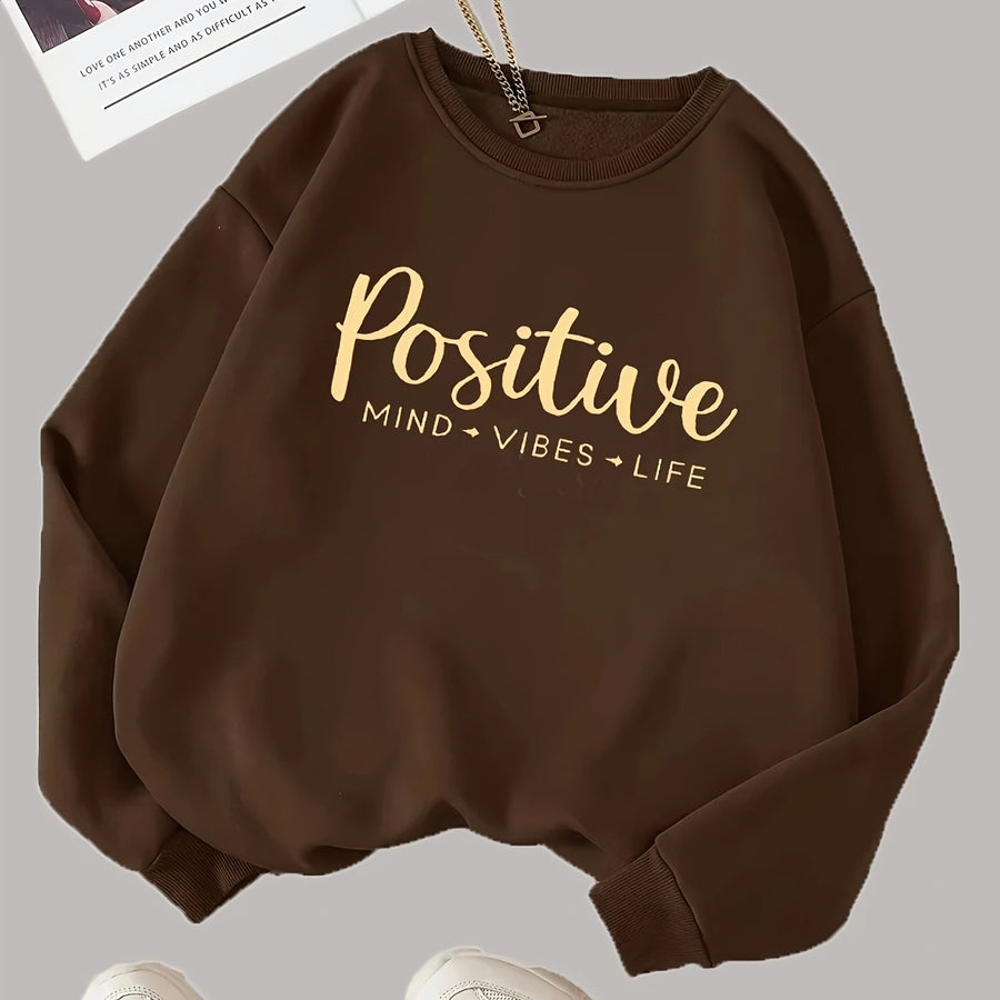 Brun Tröja med "Positive Mind Vibes Life"-Tryck Rundhalsad Långärmad Sweatshirt