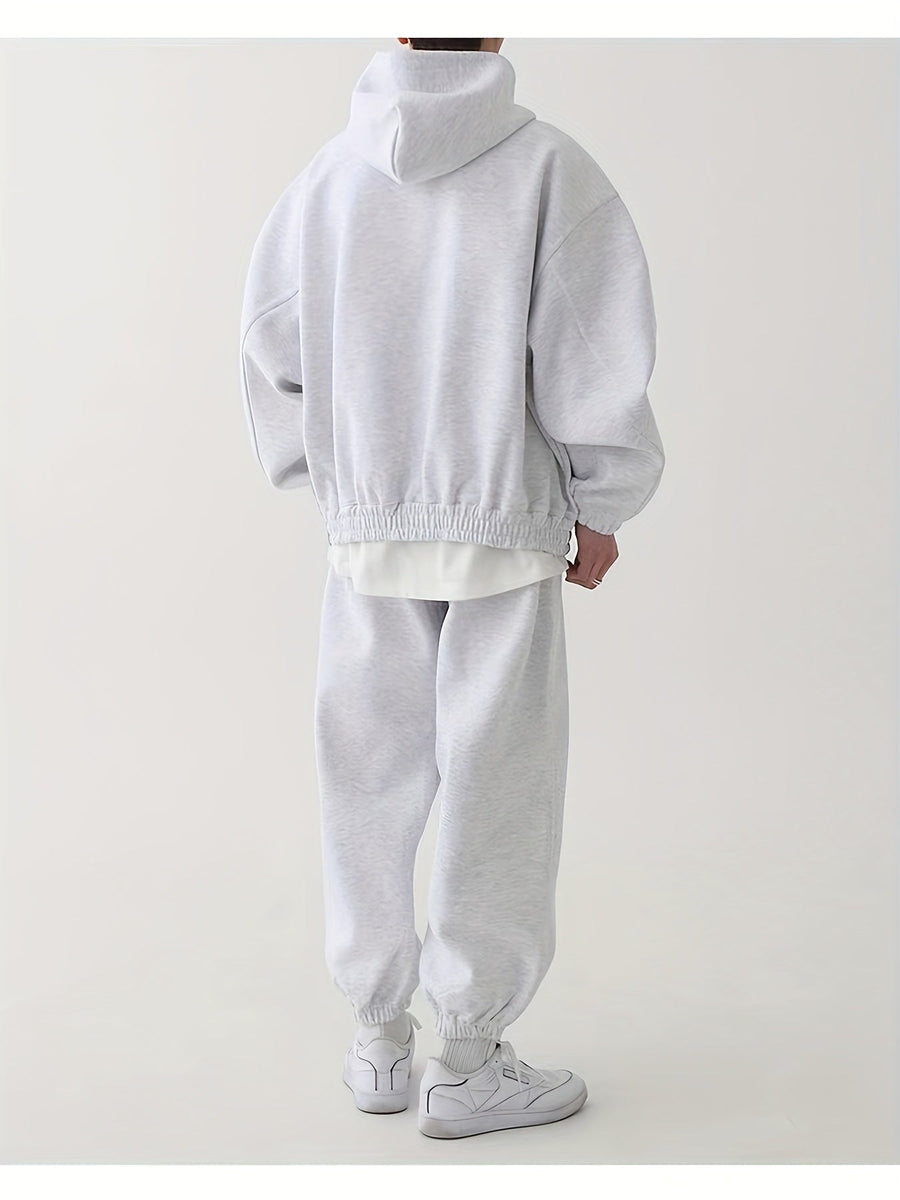 Hoodie och Mjukisbyxor Set, Ensfärgad Träningsset med Dragkedja