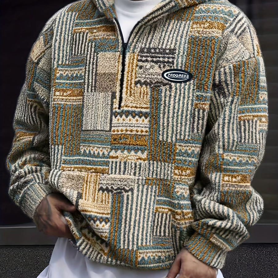 Hoodie med lapptäcksmönster och dragkedja i mjukt material