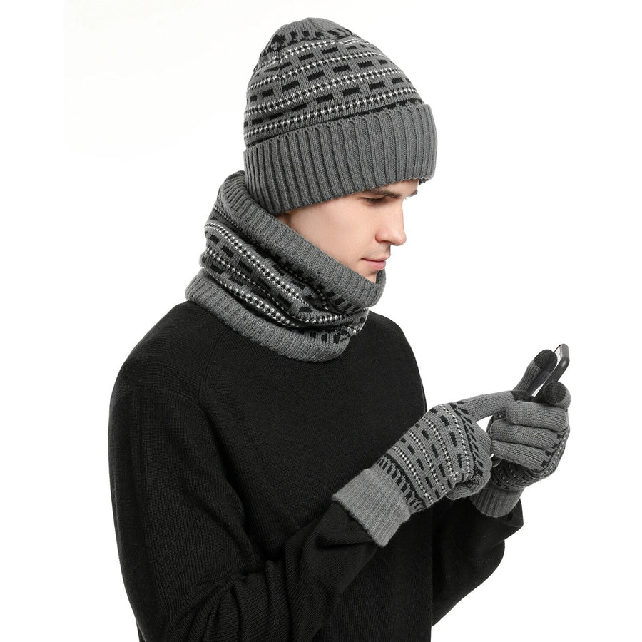 Mössa Halsvärmare Handskar Set Herr Unisex Vinterstickat Mönstrat 3-delat