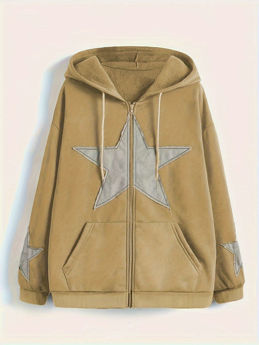 Brun Zip-up Hoodie med Huva och Stjärnmotiv – Rymlig Passform
