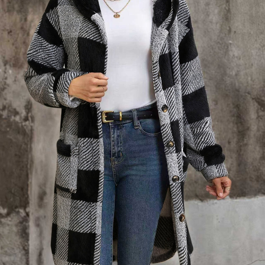 Rutig Lång Cardigan med Huva och Fickor för Dam