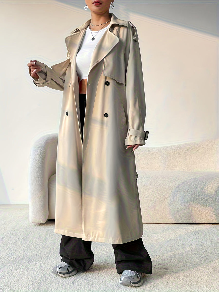 Dam Trenchcoat Lång Beige Dubbelknäppt med Skärpdetalj