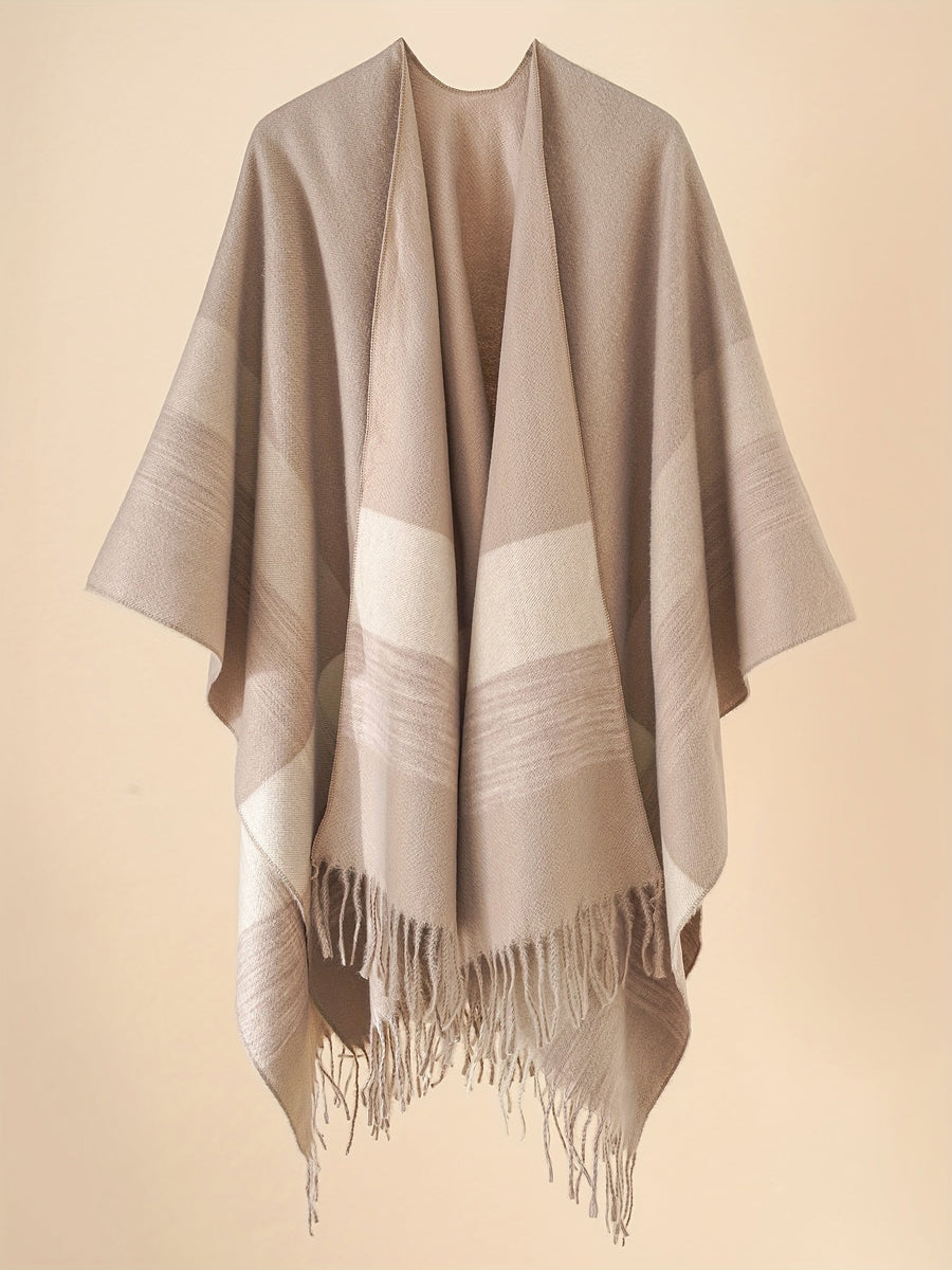 Women's Fringe Trim Open Front Poncho Cape