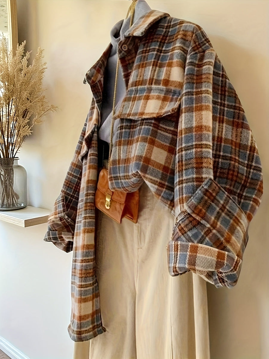 Rutig Overshirt i Mjukt Material med Bröstfickor, Flerfärgad