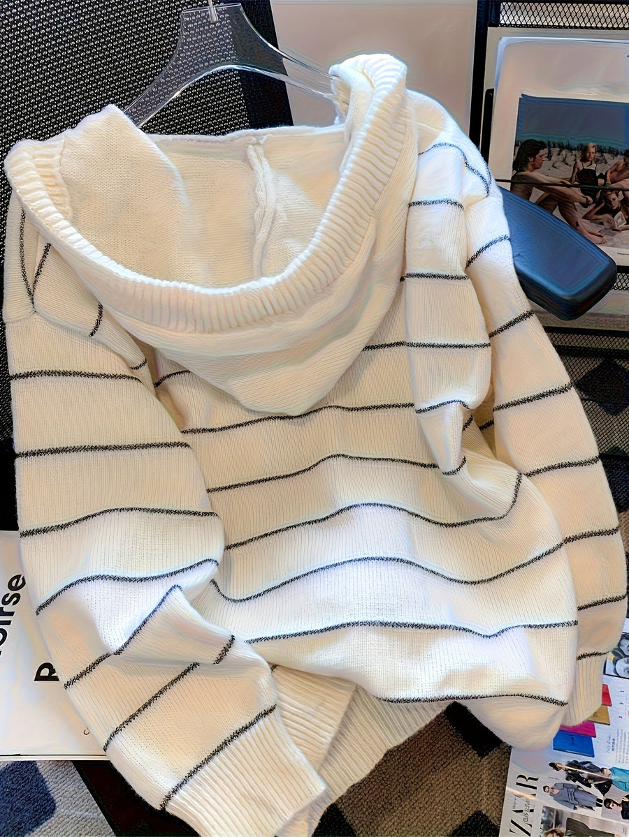 Vit Randig Stickad Hoodie Tröja med Huva och Dragsko