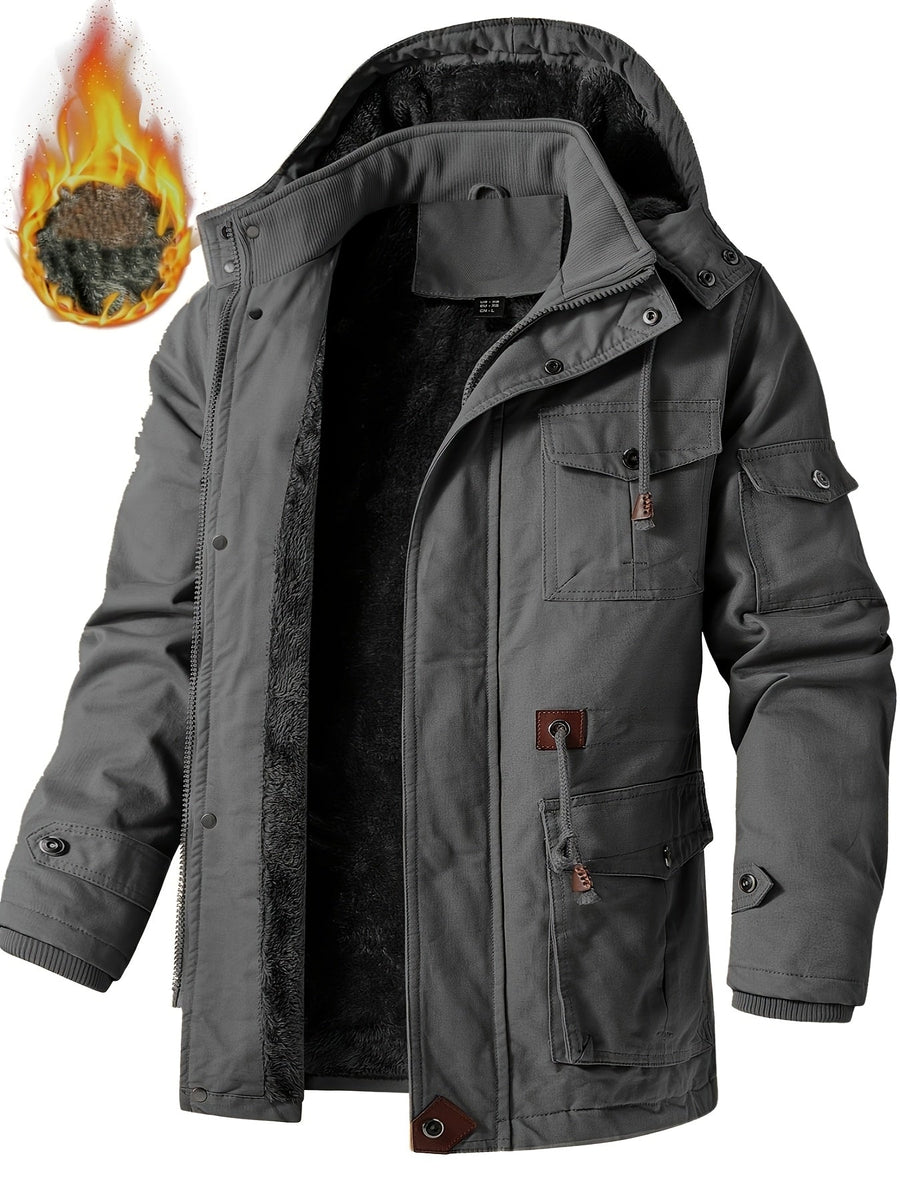 Herr Parkas Jacka med Huva, Fuskpälsfoder och Fickor, Vinterjacka