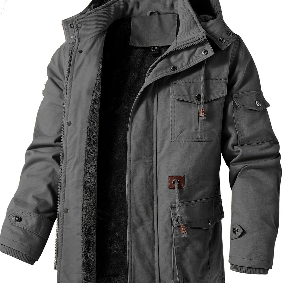 Herr Parkas Jacka med Huva, Fuskpälsfoder och Fickor, Vinterjacka