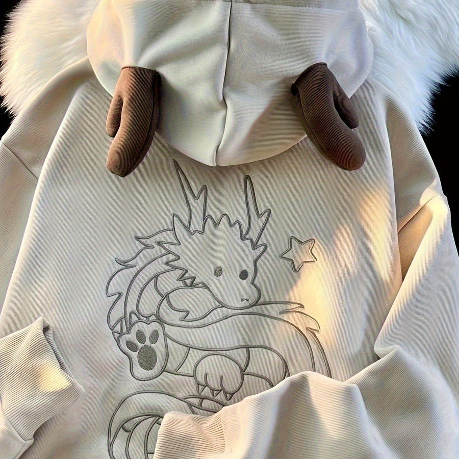 Beige Hoodie med Drakmönster och Horn, Dragkedja, Ribbade Muddar, Lös Passform