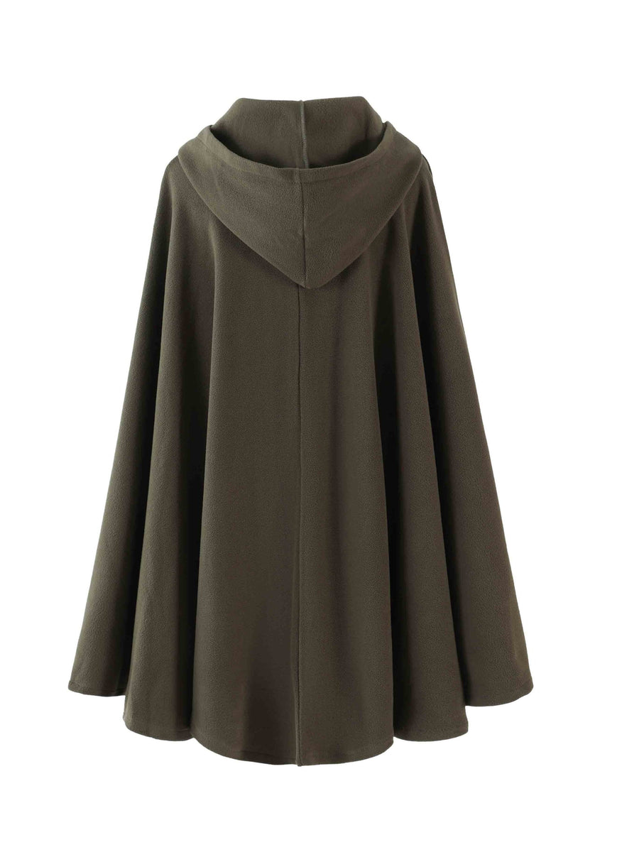 Fleeceponcho med huva och knäppning, enfärgad damponcho