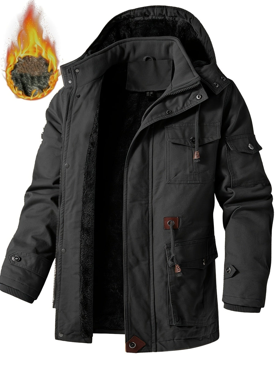 Herr Parkas Jacka med Huva, Fuskpälsfoder och Fickor, Vinterjacka