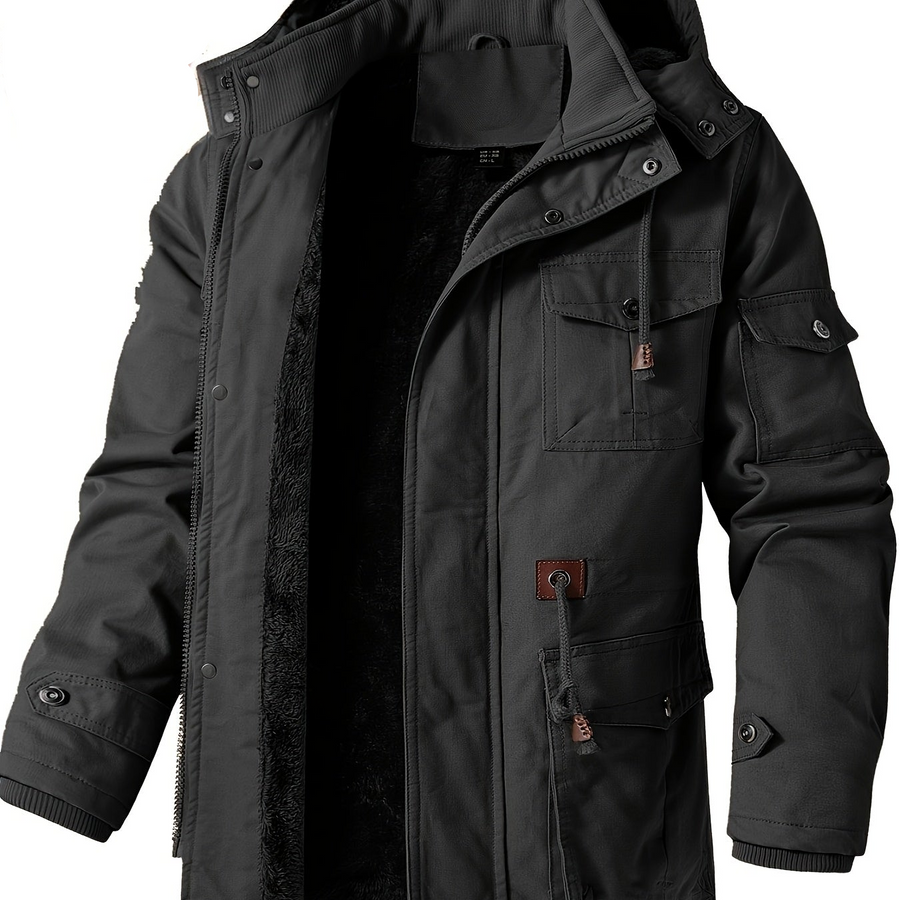 Herr Parkas Jacka med Huva, Fuskpälsfoder och Fickor, Vinterjacka